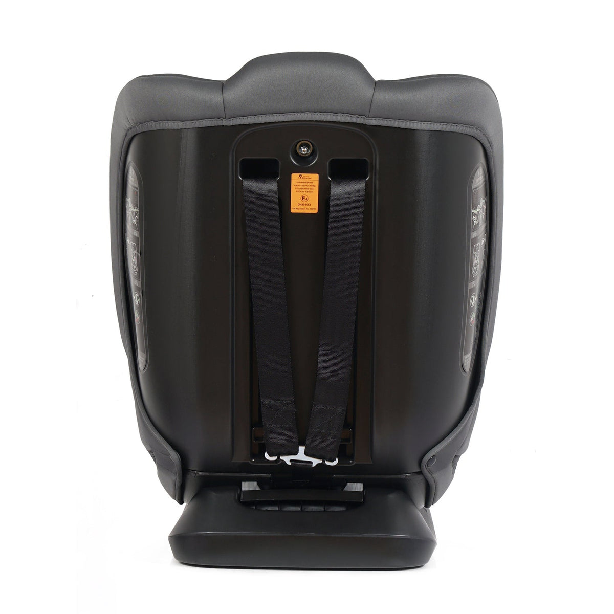 Car seat back, dark slate with light gray accents, visible belt slots and orange label