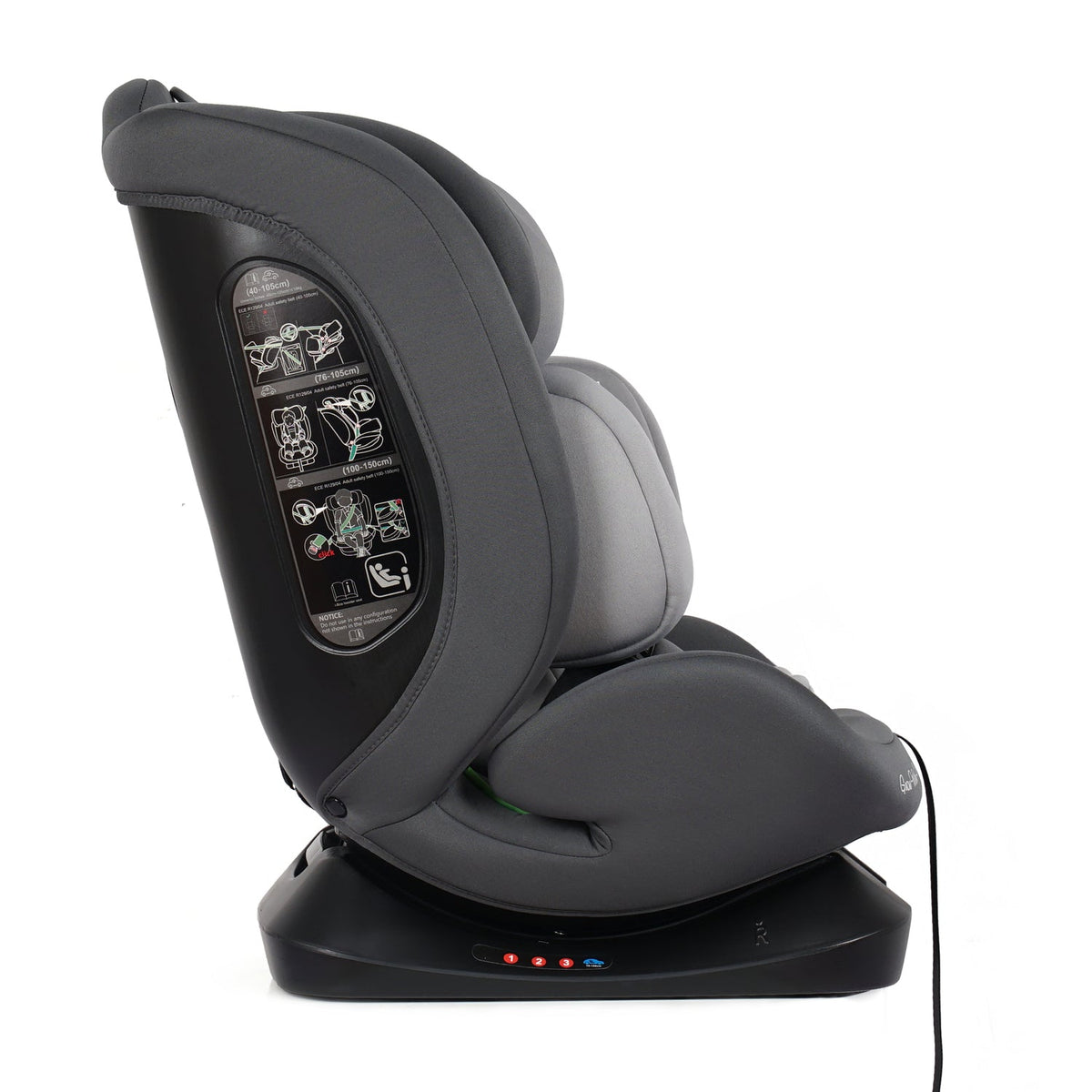 Dark gray and slate car seat with side wings and integrated harness guide panel