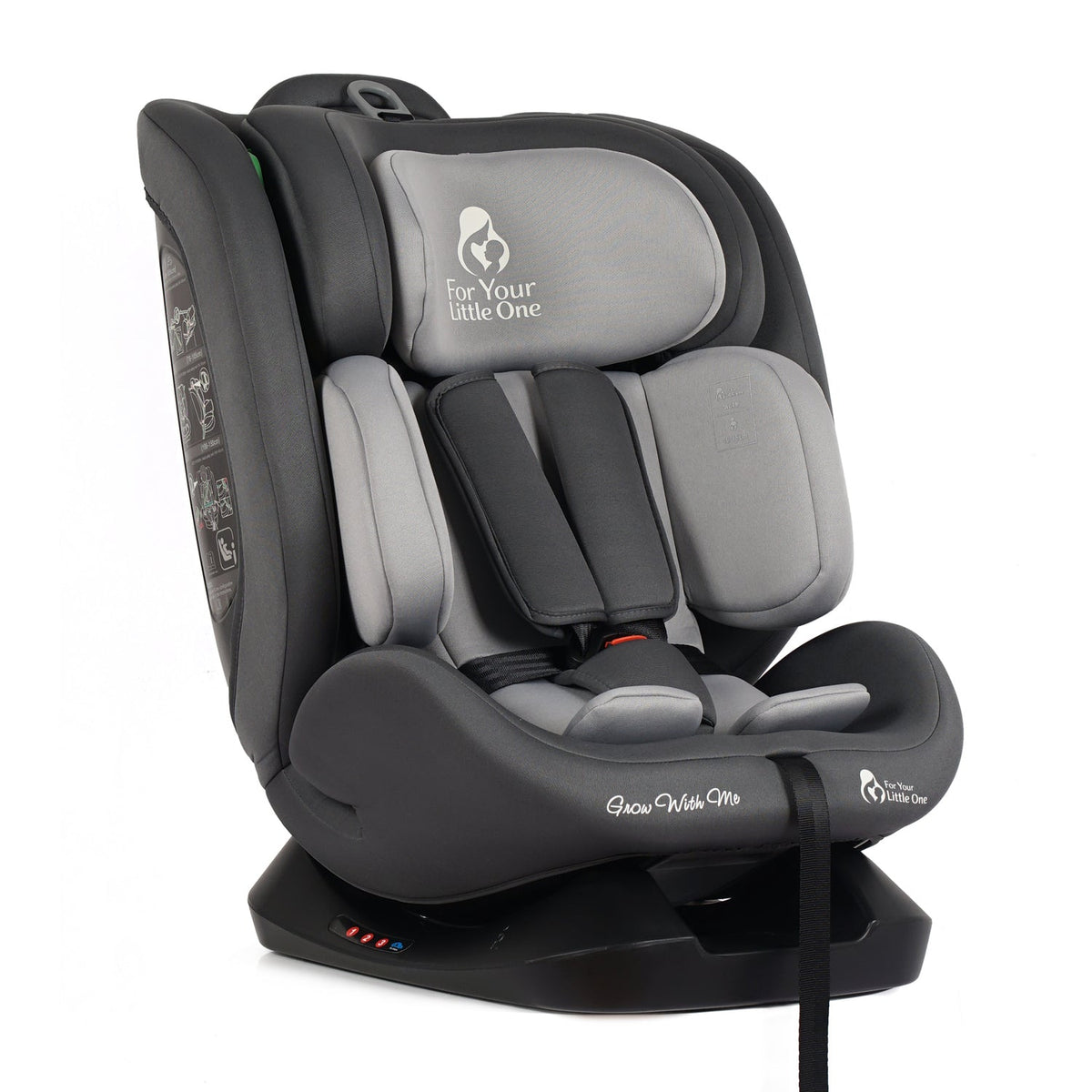 Dark gray car seat with light gray headrest insert, front harness pads, and base