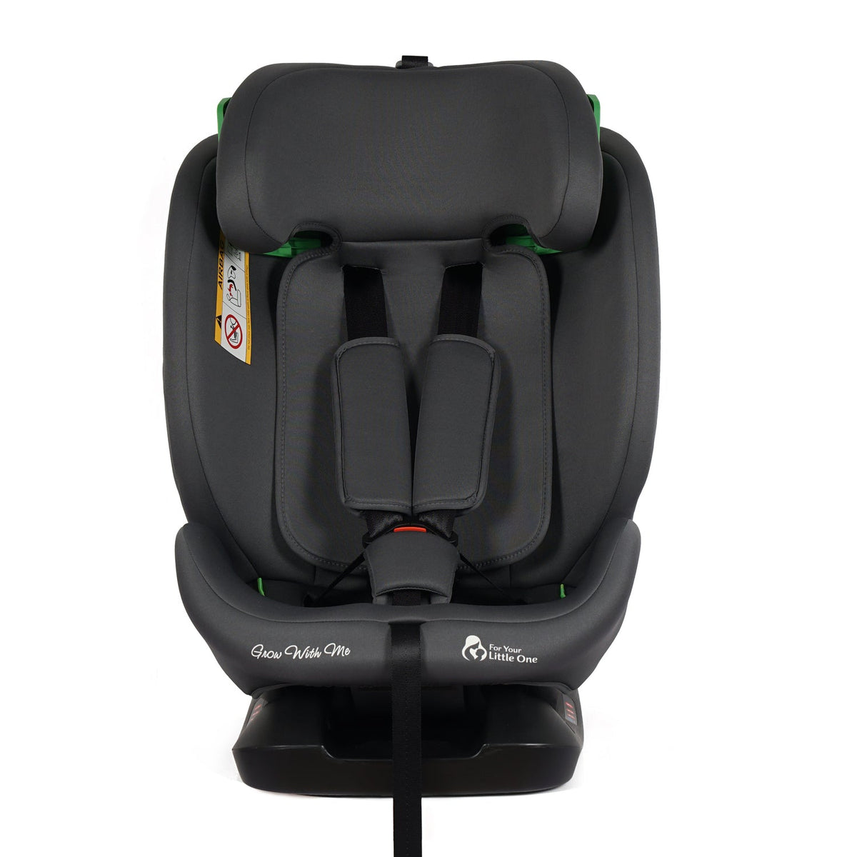 Dark gray car seat rear view with backrest, shoulder pads, and adjustable head support