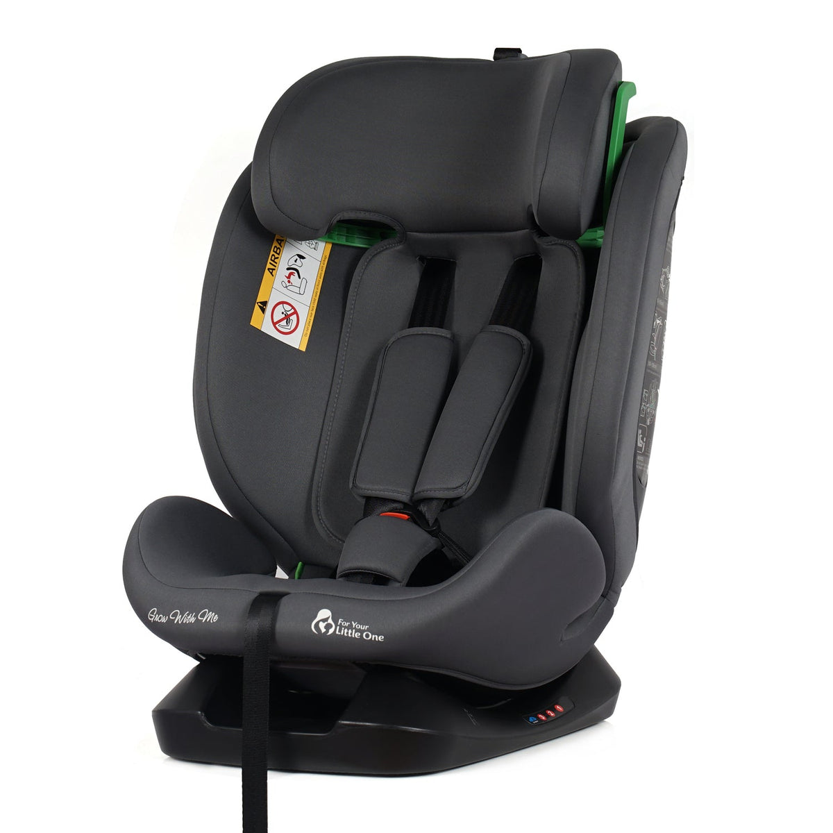 Dark gray car seat angled view with padded insert and rear labels on the shell