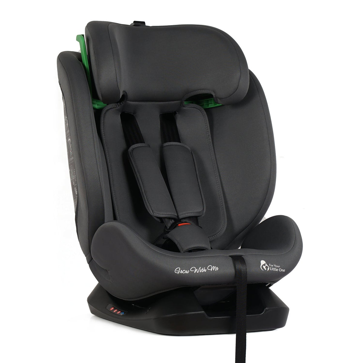 Convertible car seat, side view, dark slate with light gray cushions and adjustable headrest