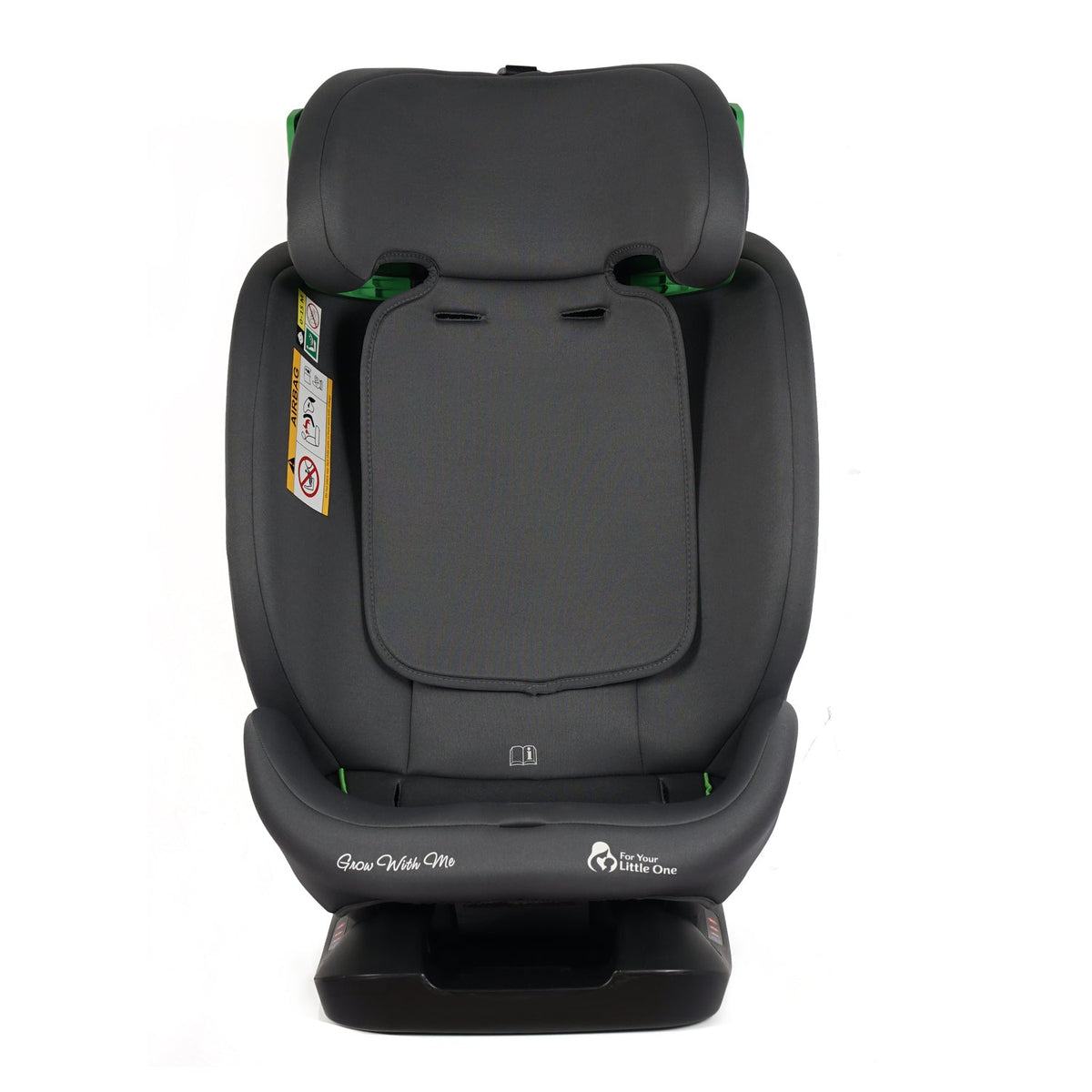 Dark gray car seat back panel with centered padded insert and head support