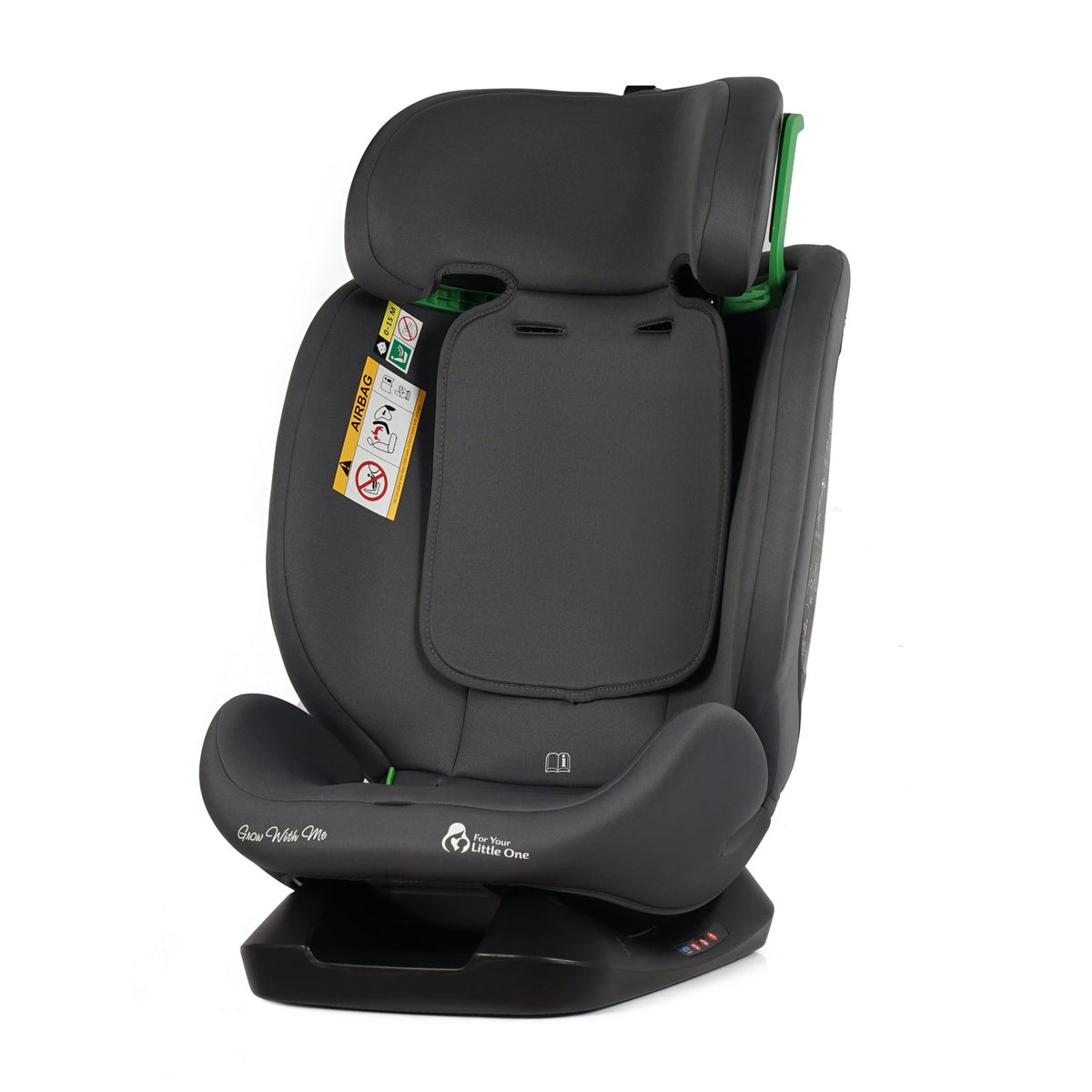 Dark gray car seat angled rear view with padded back insert and headrest