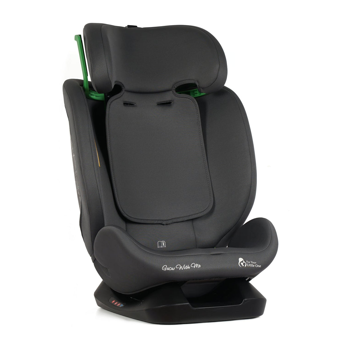 Dark gray car seat side view with tall headrest and centered back cushion