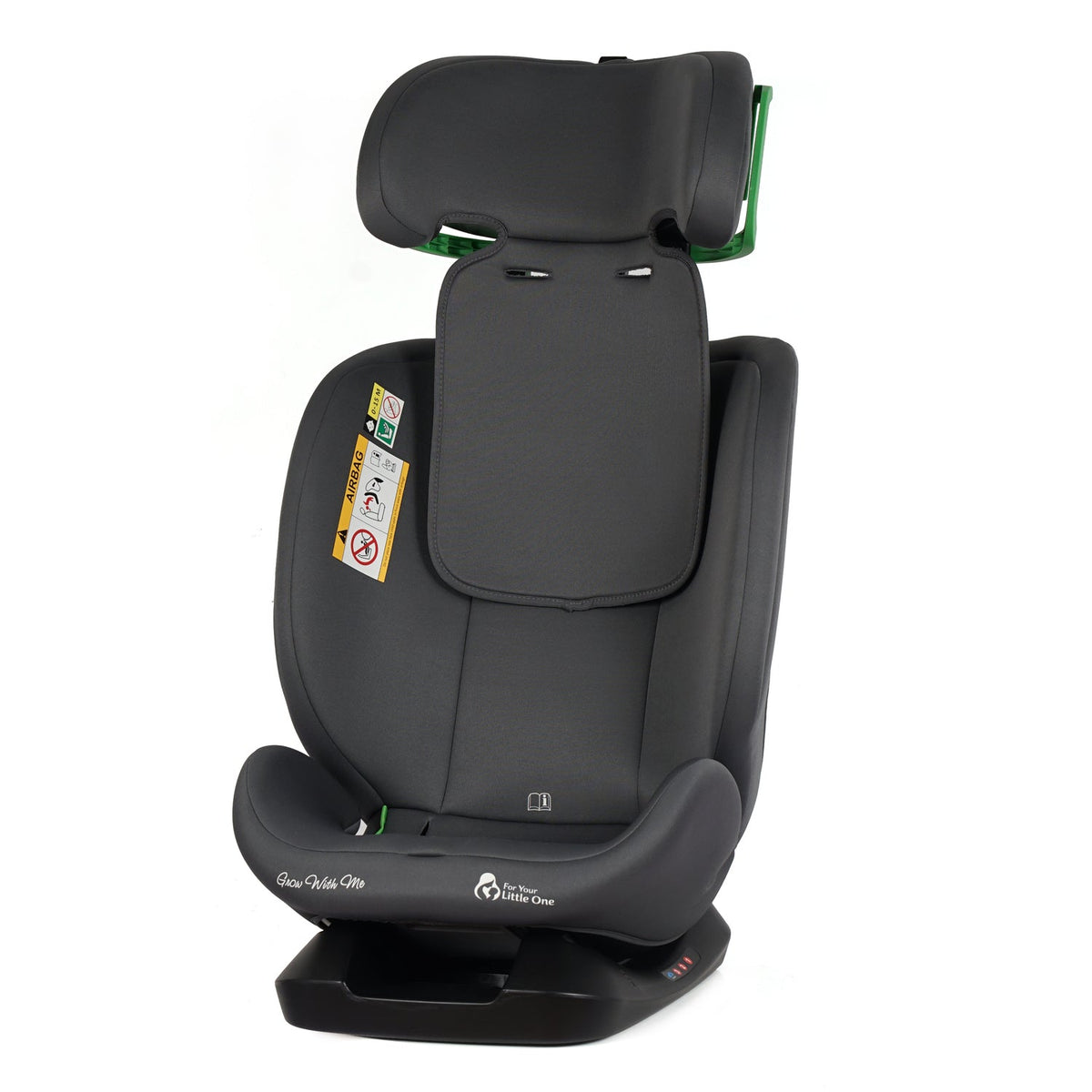 Dark gray car seat angled rear view with headrest and back cushion insert