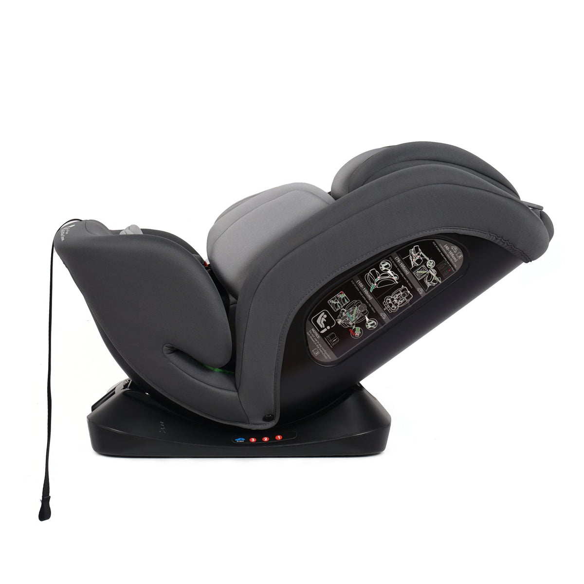 Dark gray and light gray car seat side view with visible instruction panel and harness strap