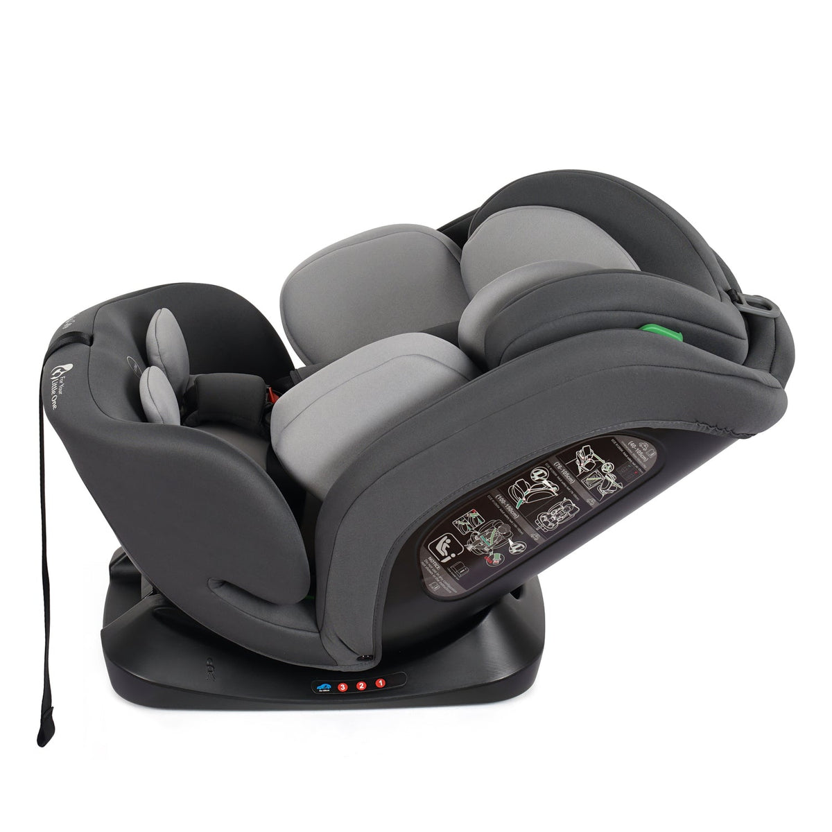 Convertible car seat with dark and light gray padding, head supports, base control lights