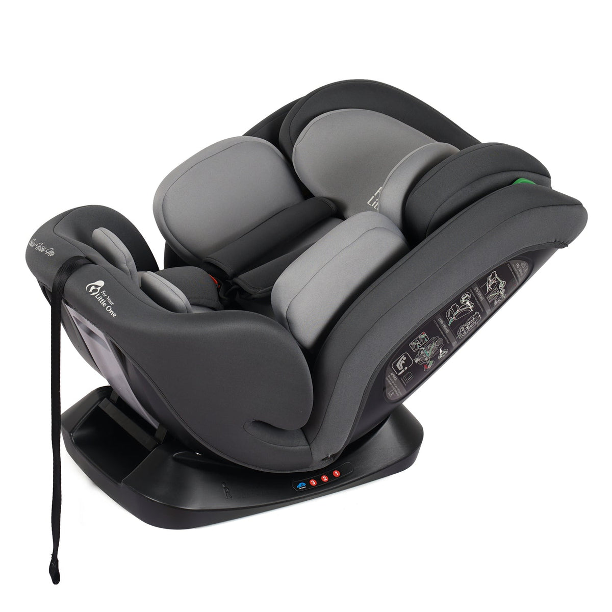 Convertible car seat with reclined gray inserts, padded headrests, and side strap