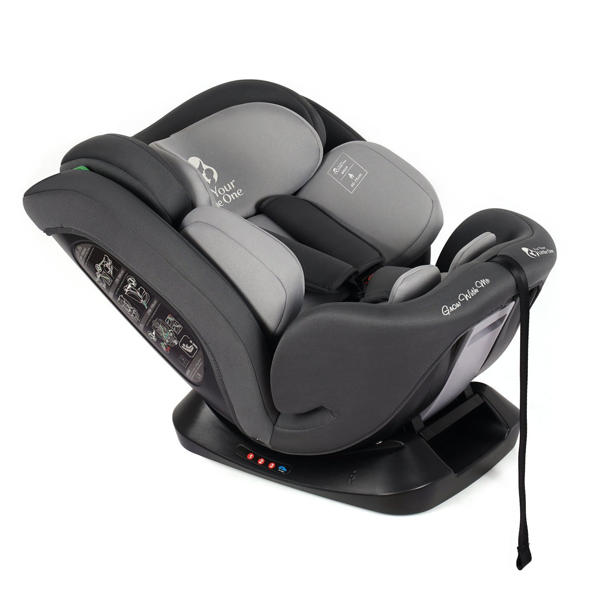 Convertible car seat on base, dark slate with light gray padding and rear label panel