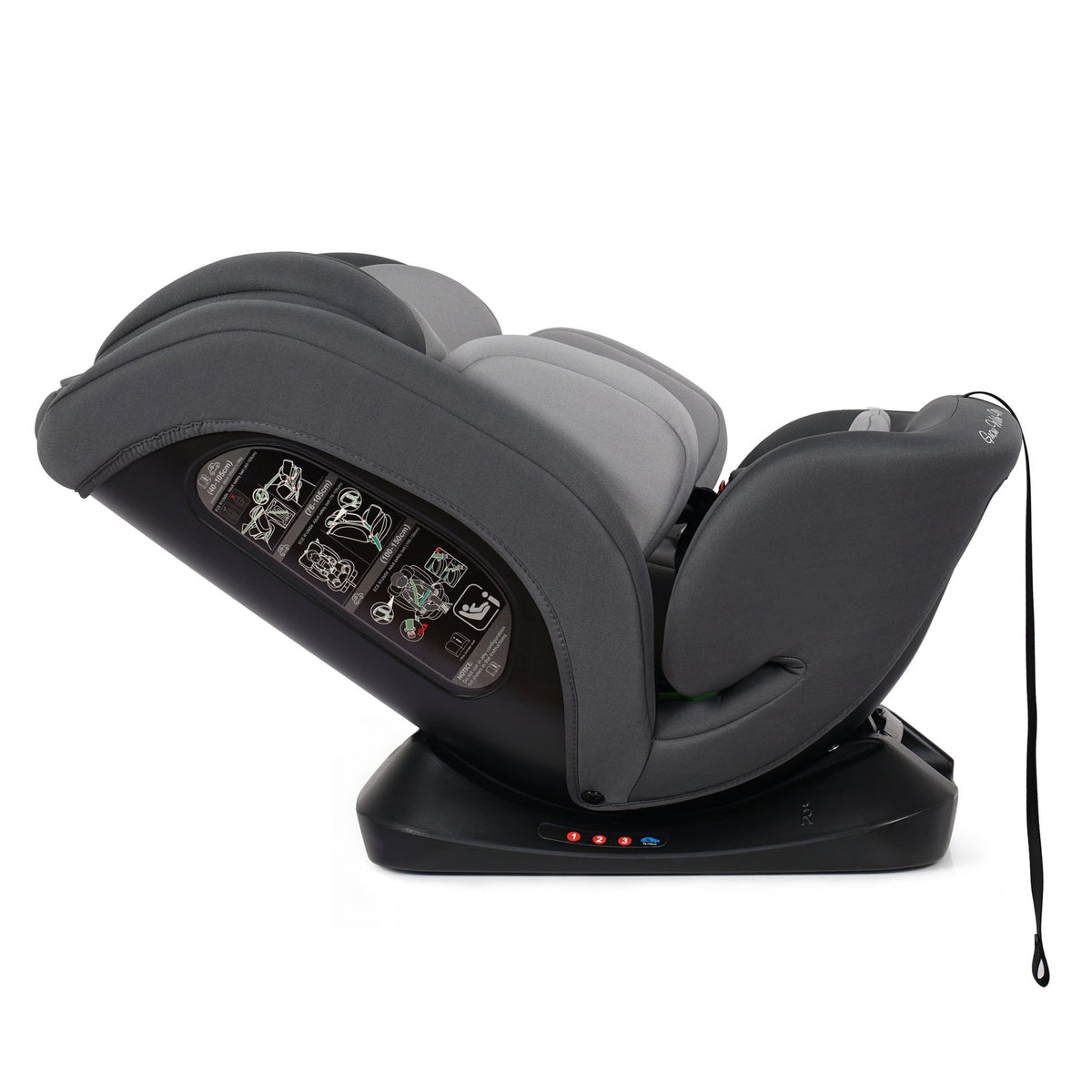Convertible car seat, side view, dark slate with light gray headrest and instruction label panel