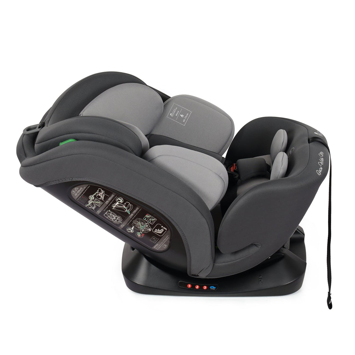 Convertible car seat with dual headrests, dark shell, light gray inserts, and side harness straps