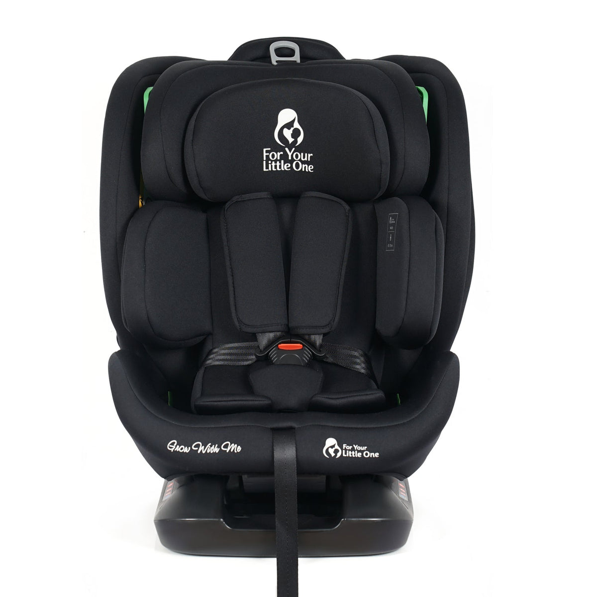 Black child car seat rear view with headrest padding and built-in harness straps