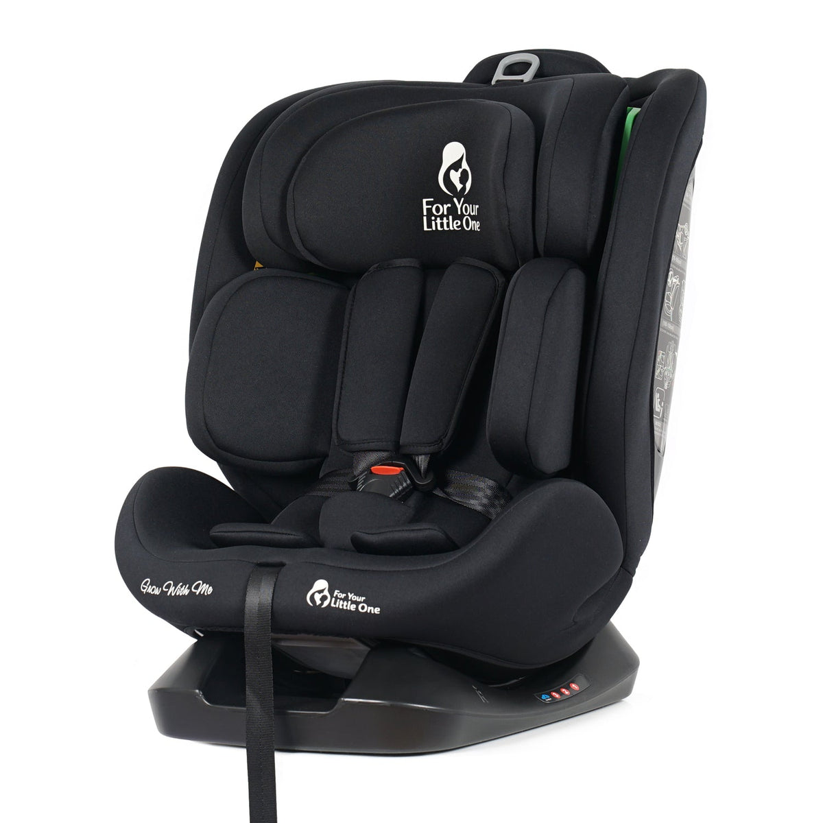 Black car seat with padded headrest, 5-point harness, and recline base