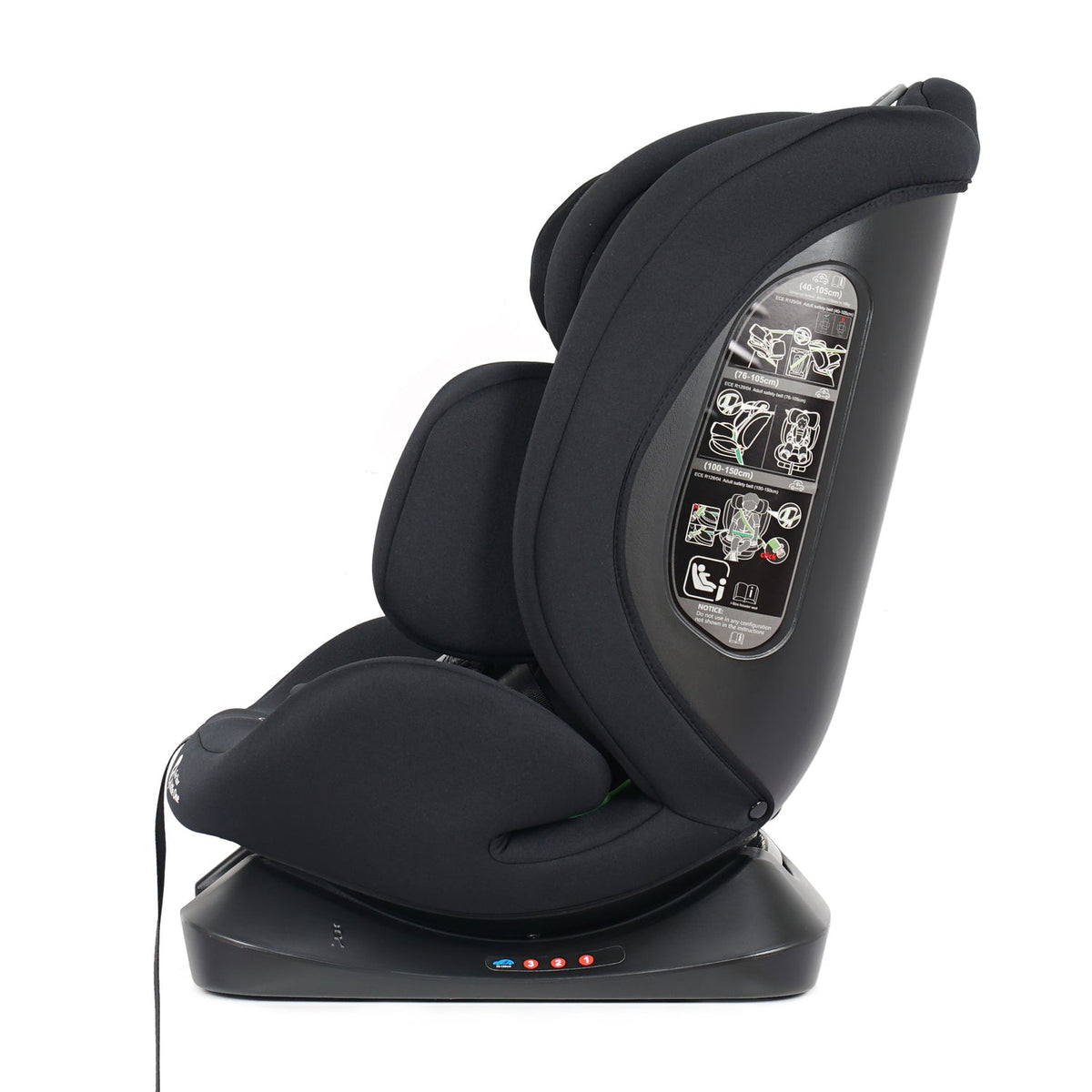 Black car seat side view with instruction panel and rotating base