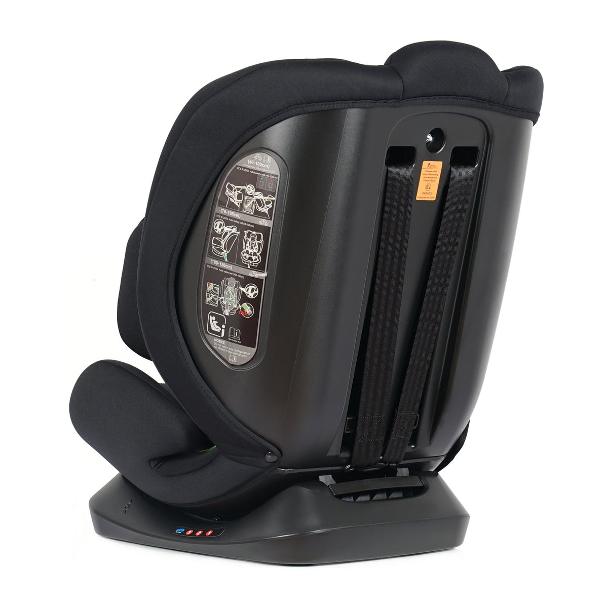 Black car seat angled rear view showing latch cover and instruction panel