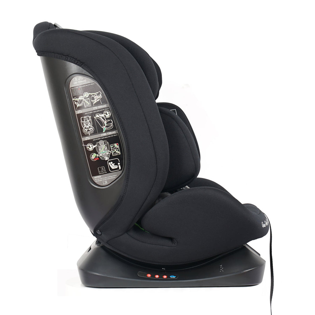Black forward-facing car seat side view with instruction panel on the back