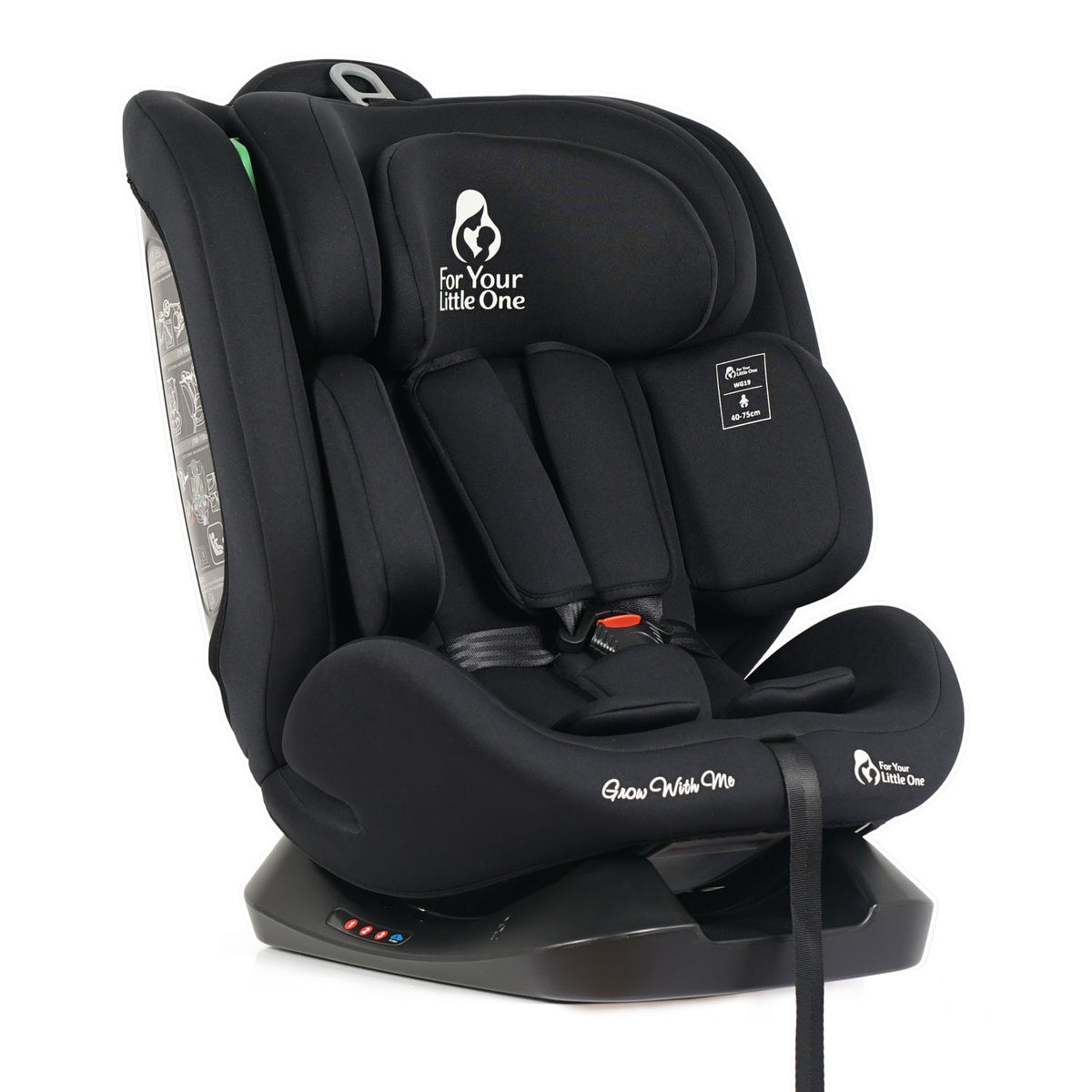 Black car seat three-quarter front view with headrest logo and harness