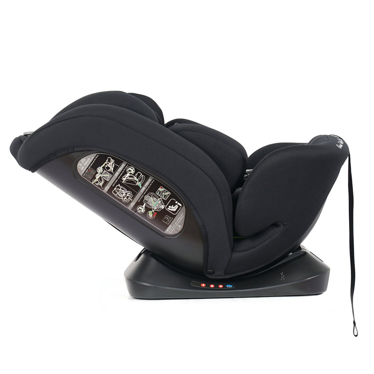 Black car seat rear side view with instruction label panel and base indicator lights