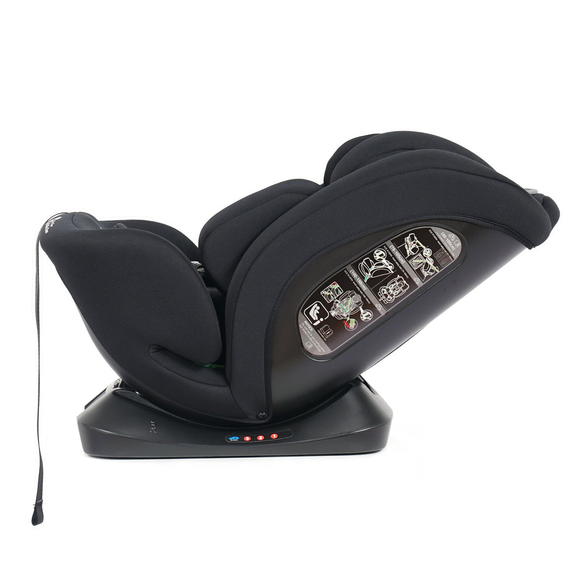 Midnight black i-Size car seat with padded headrest and side wings, reclined view