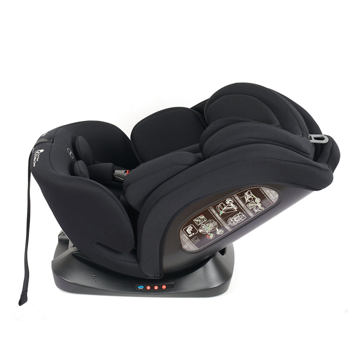 Midnight black i-Size car seat, front three-quarter view with padded harness slots