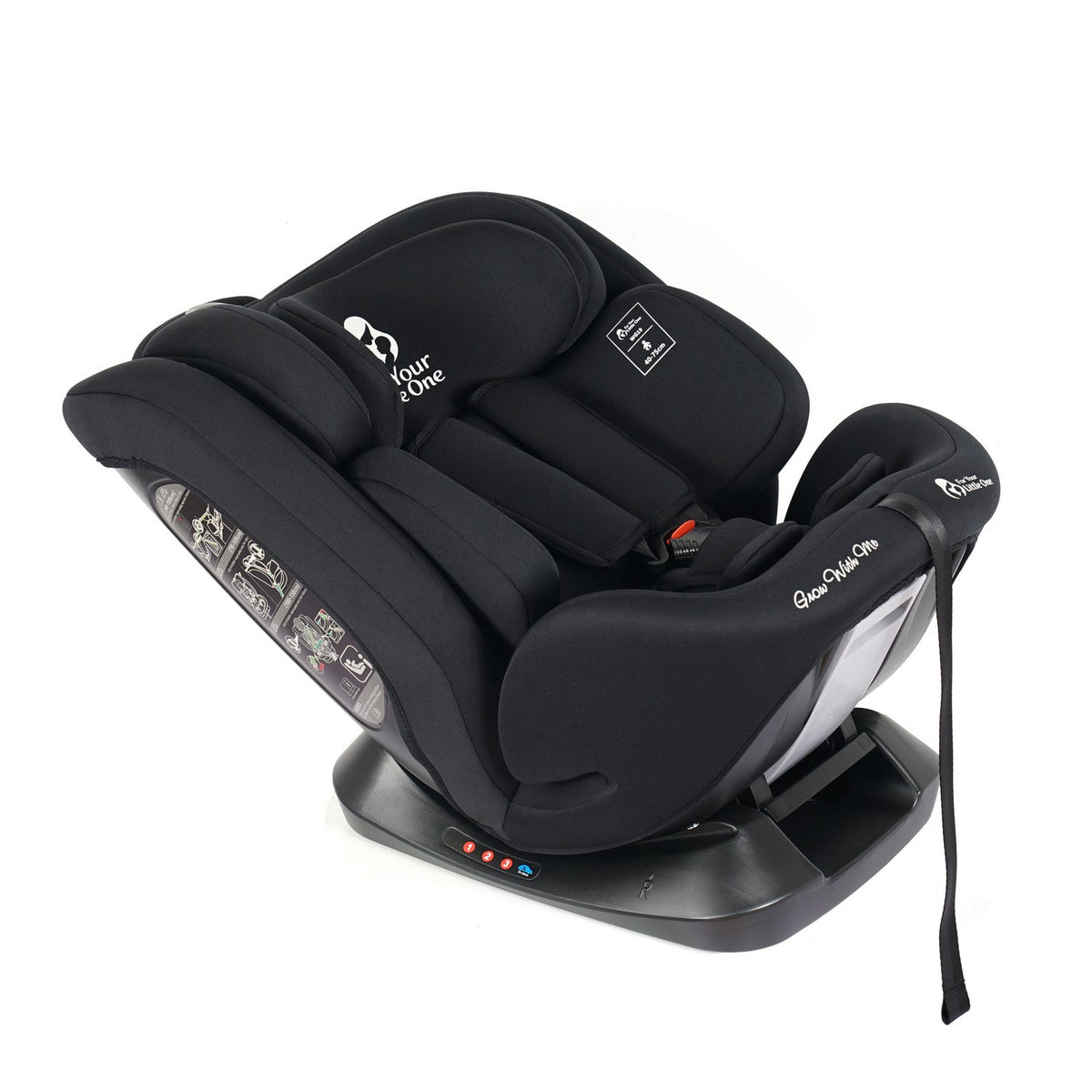 Midnight black i-Size car seat with headrest, armrests, and recline in angled view