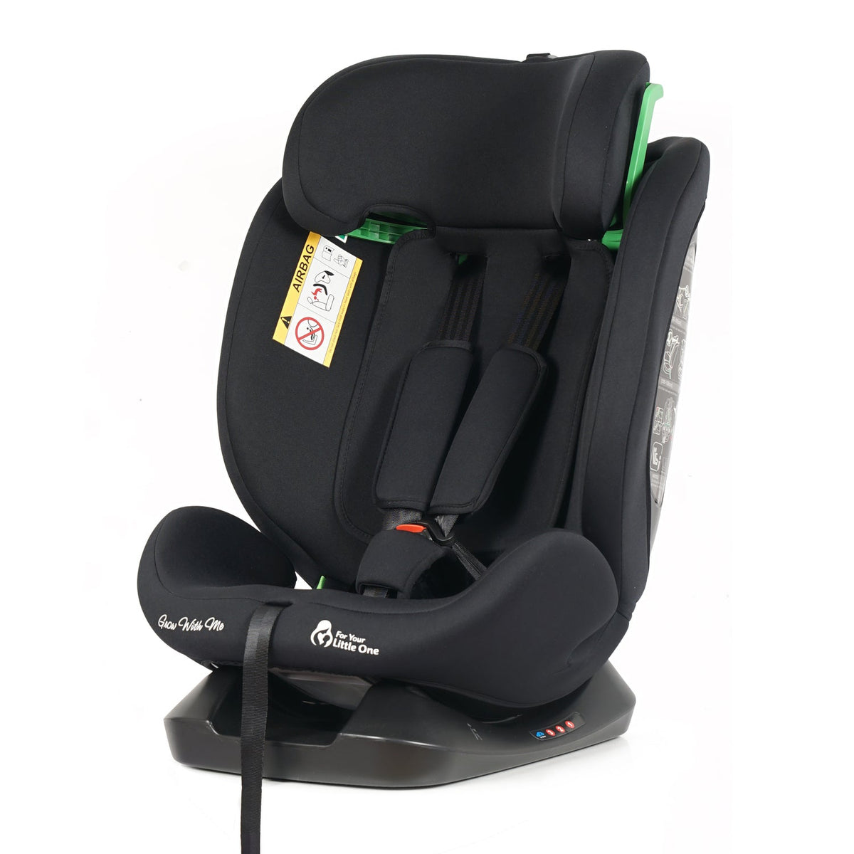 Midnight black i-Size car seat side view with rear-facing straps and base panel