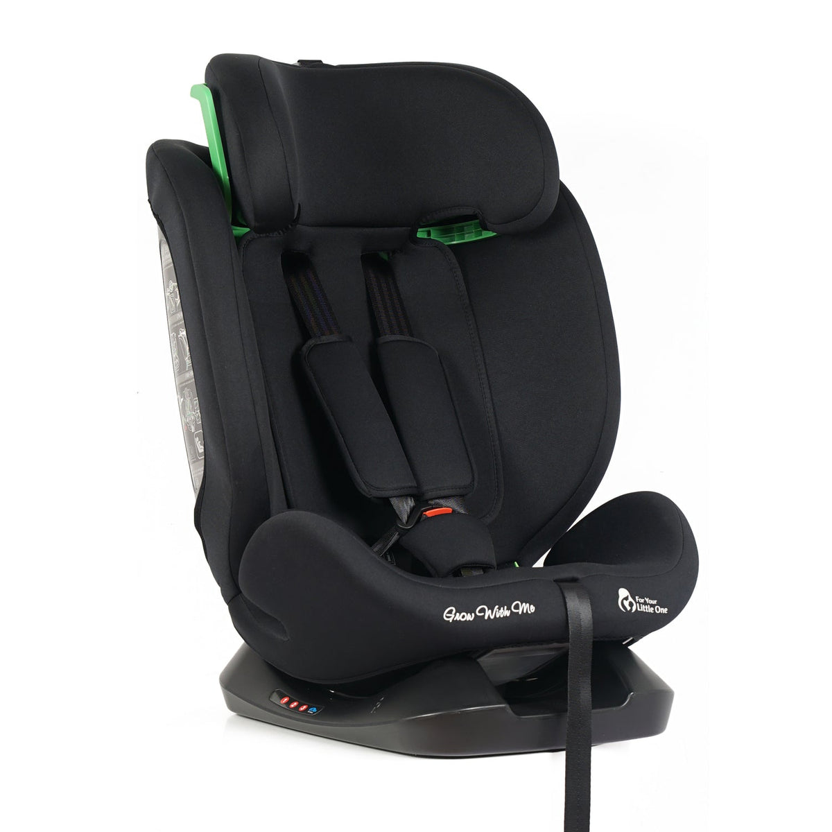 Midnight black i-Size car seat back three-quarter view with integrated leg rest