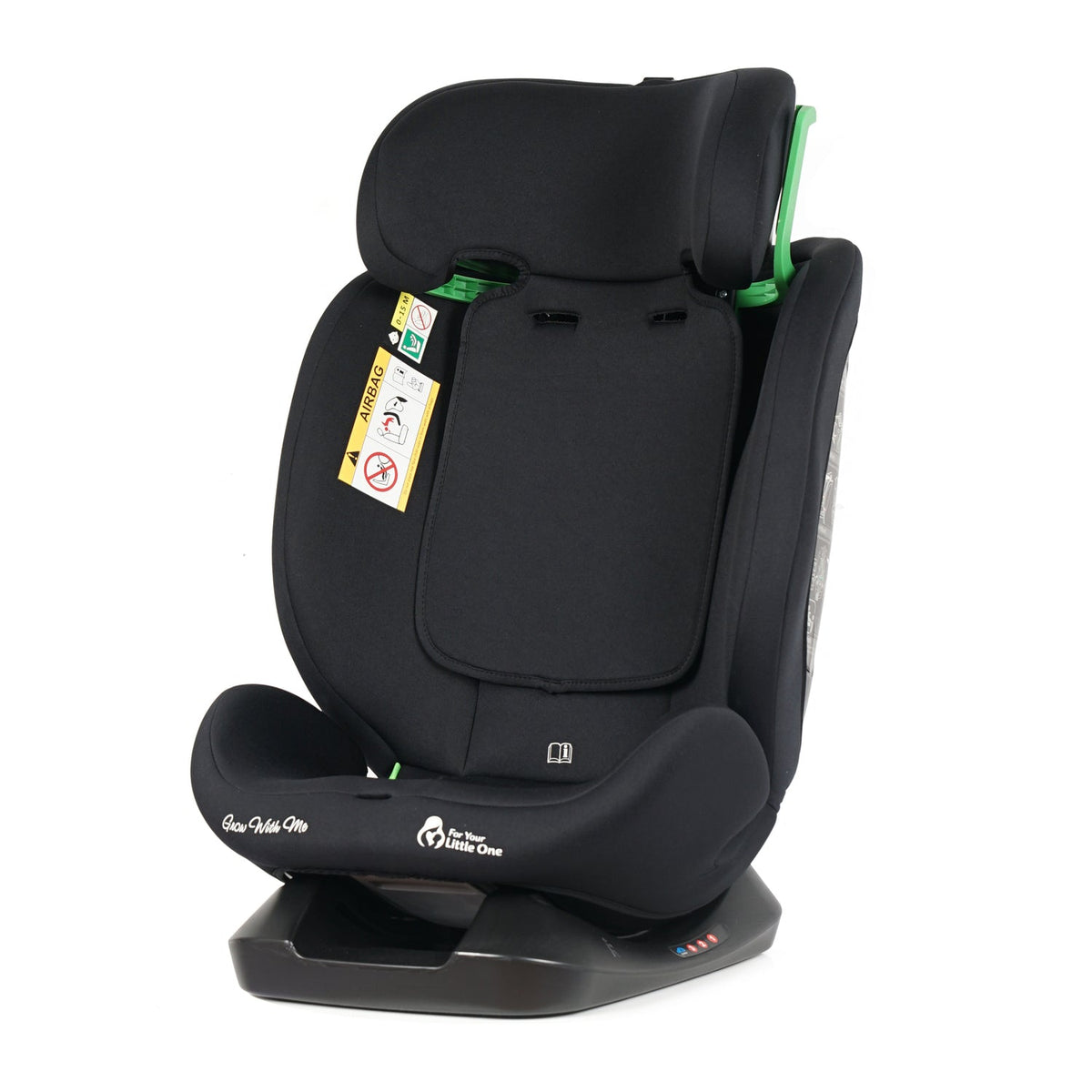 Midnight black i-Size car seat rear side view with seatback shield and label panel