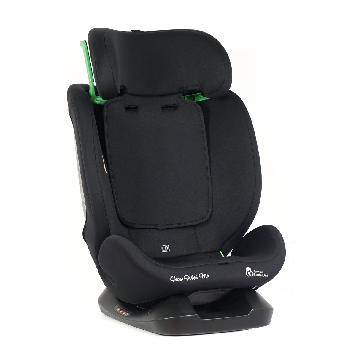 Midnight black i-Size car seat angled rear side view with padded backrest insert