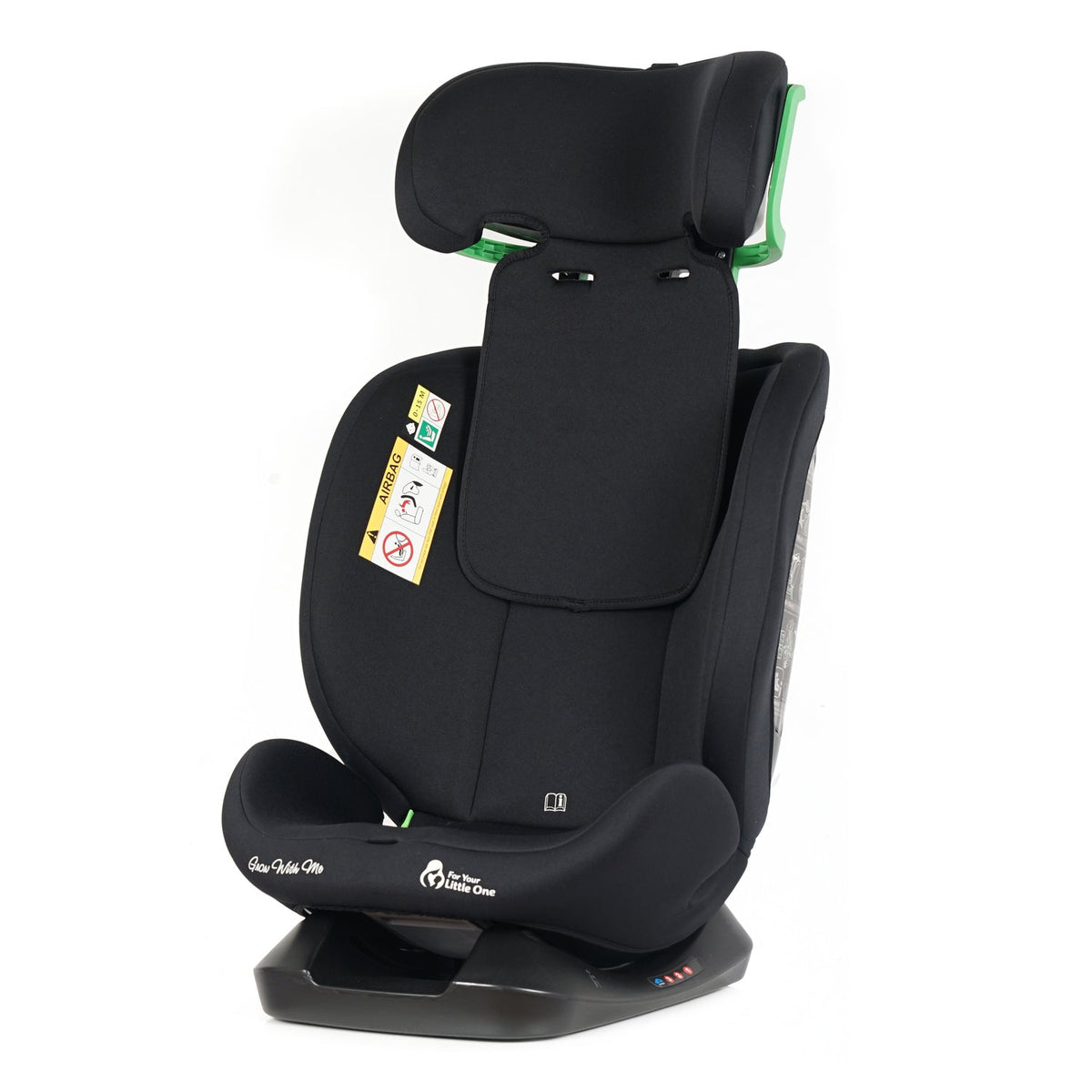 Midnight black i-Size child car seat with padded headrest and base, side view