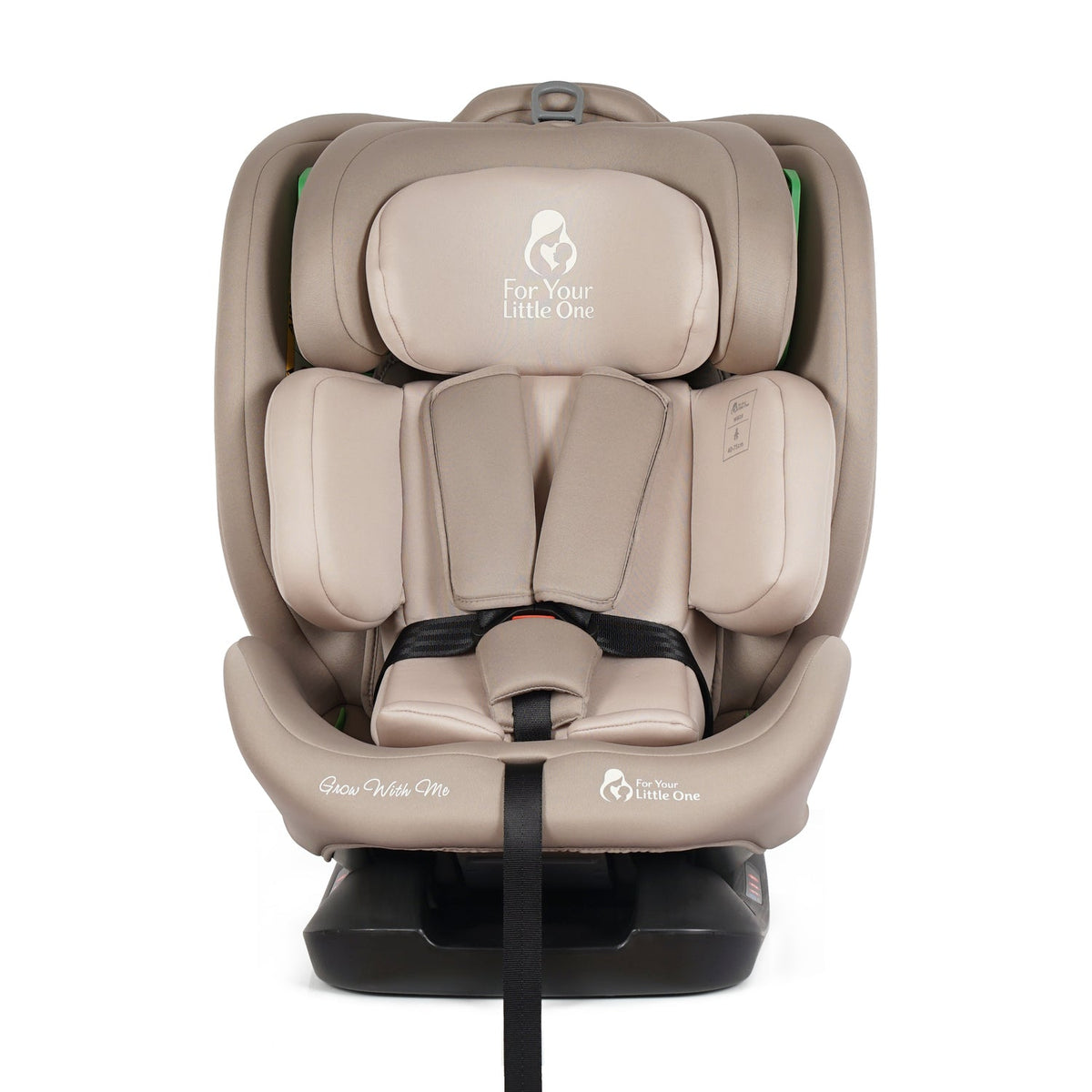 Latte beige car seat with newborn insert, padded harness, and black base