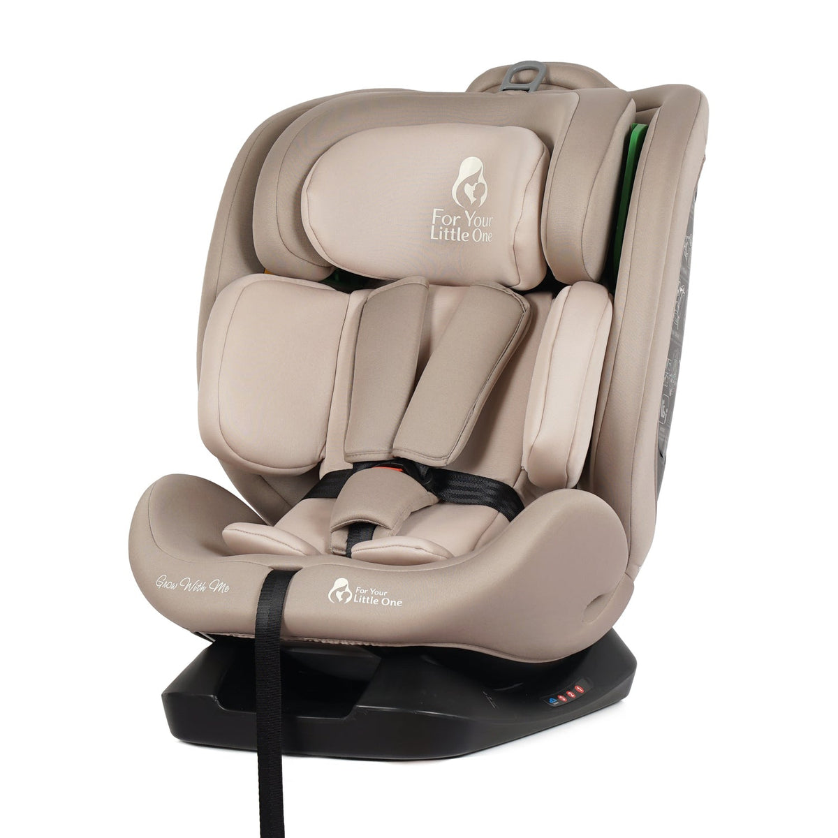 Latte beige i-Size car seat with padded arm supports and black base