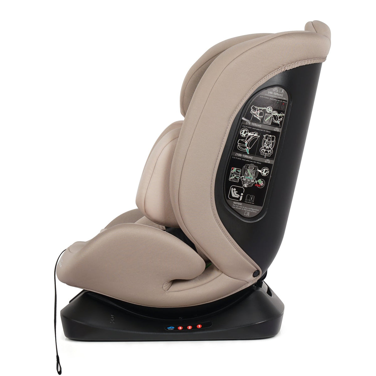 Latte beige car seat side view with recline panel and instruction label on shell
