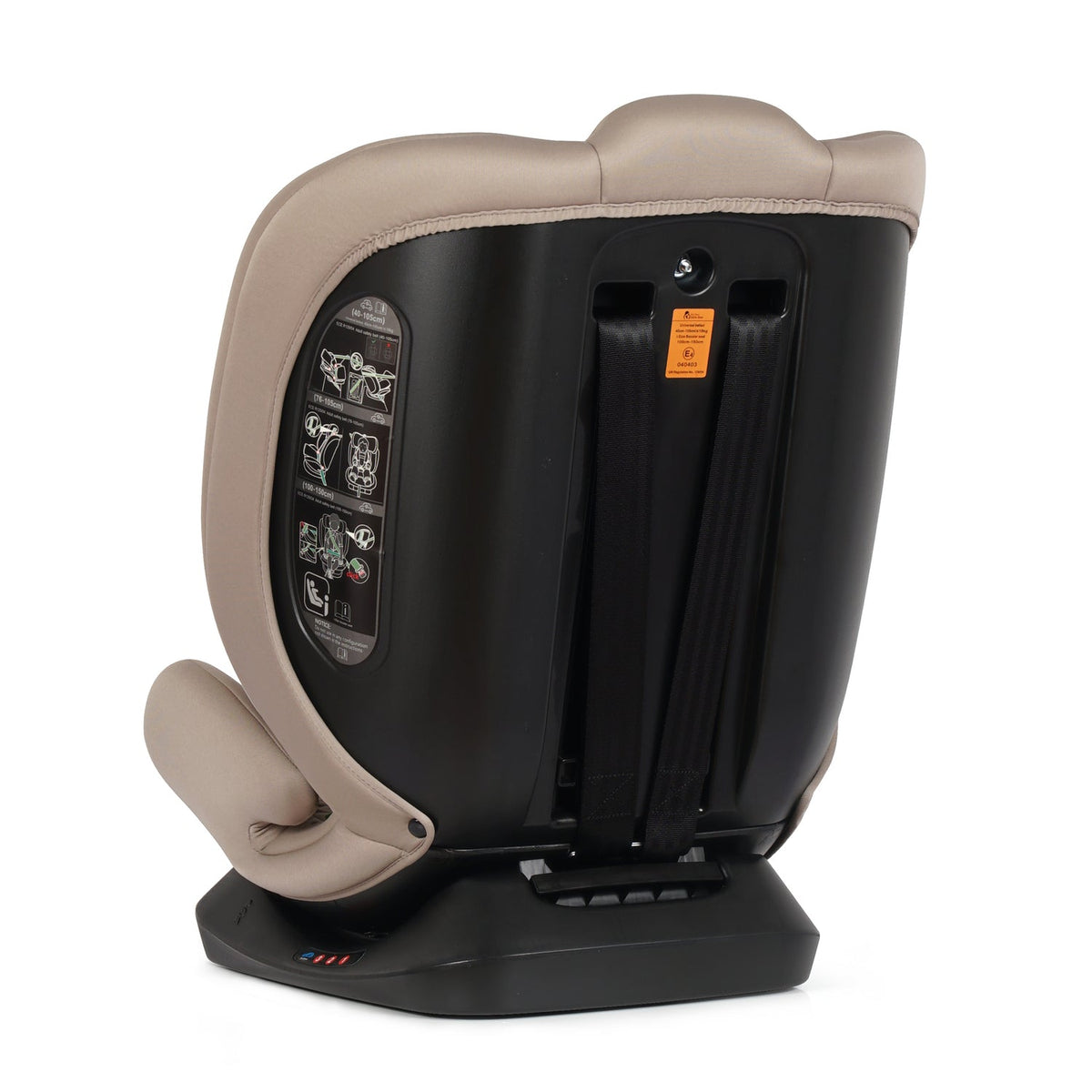 Latte beige car seat back view with black shell, ISOFIX guides, and instruction panel