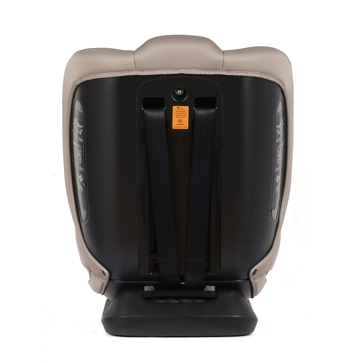 Latte beige and black car seat back with ISOFIX attachment points and instruction label