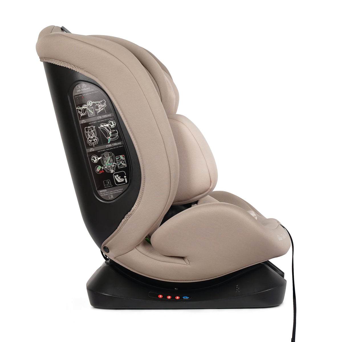 Latte beige car seat side view with recline support and visible base controls