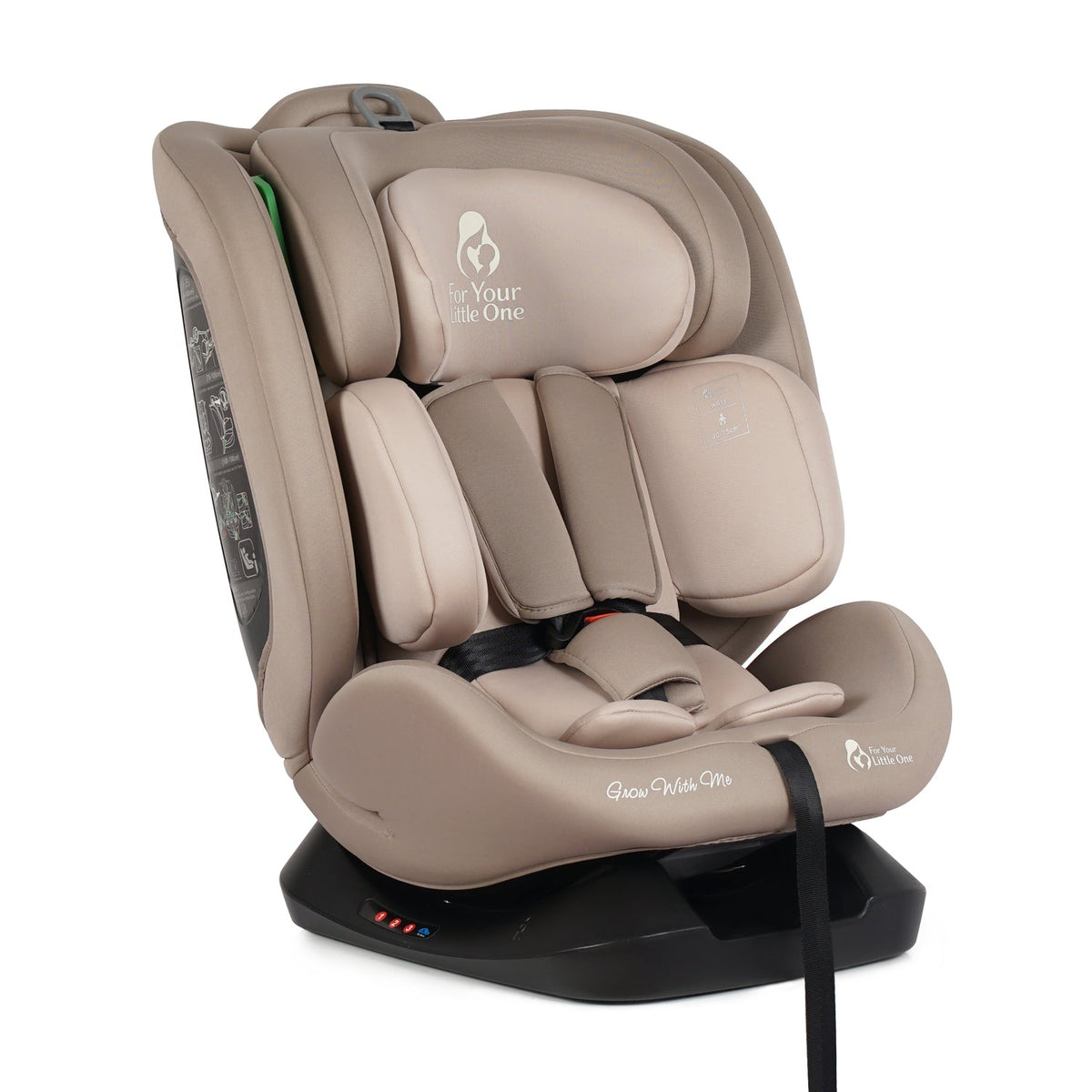 Latte beige i-Size car seat with headrest insert and padded harness, black base