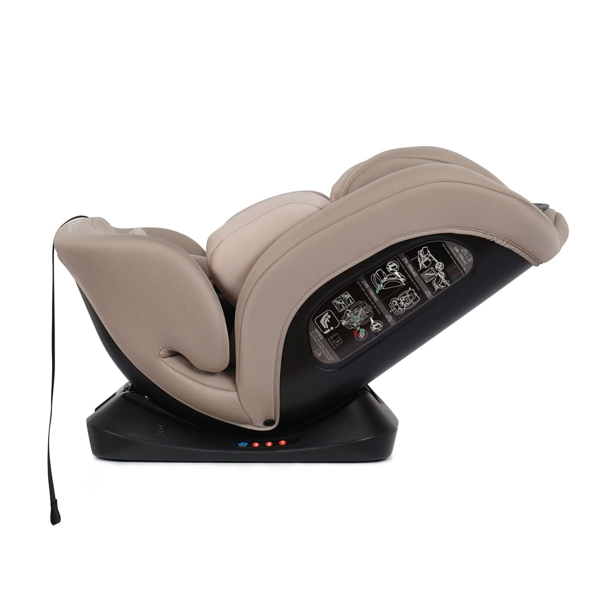 Latte beige car seat with padded headrest and side impact panel, black base