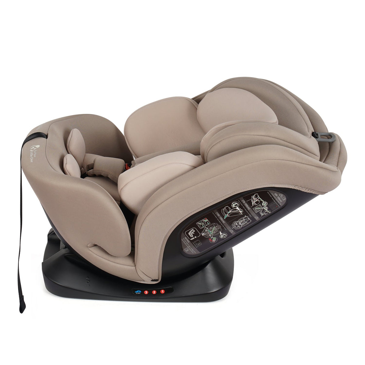 Latte beige car seat with padded inserts and visible side indicator panel, black base