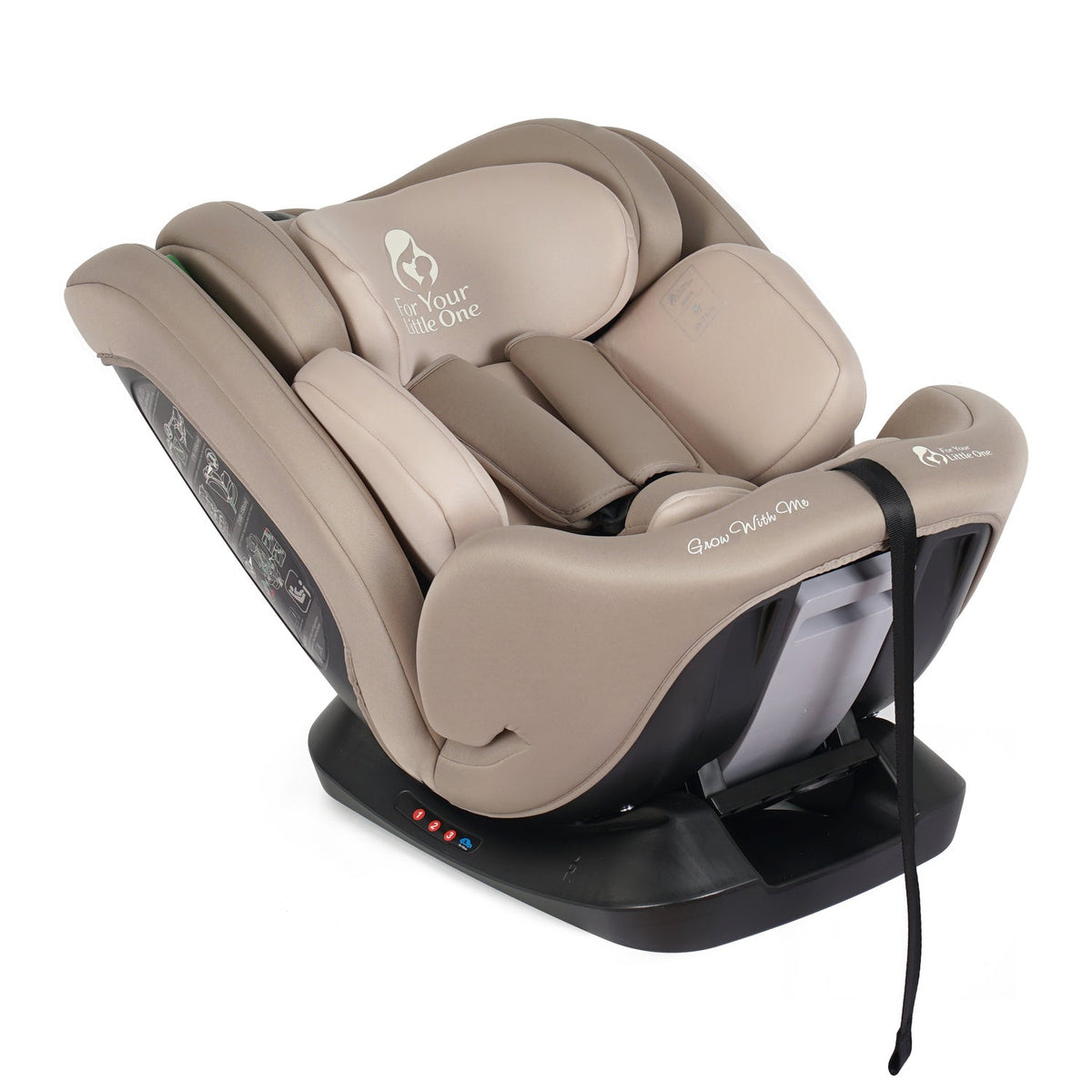 Latte beige car seat with integrated harness pads and reclining seat, black base