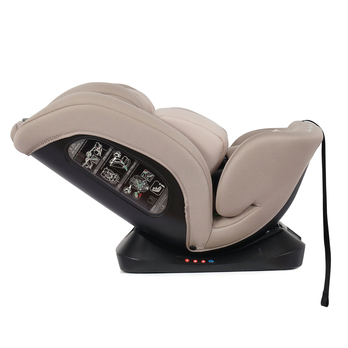 Latte beige car seat with side impact panel and padded armrests, black base
