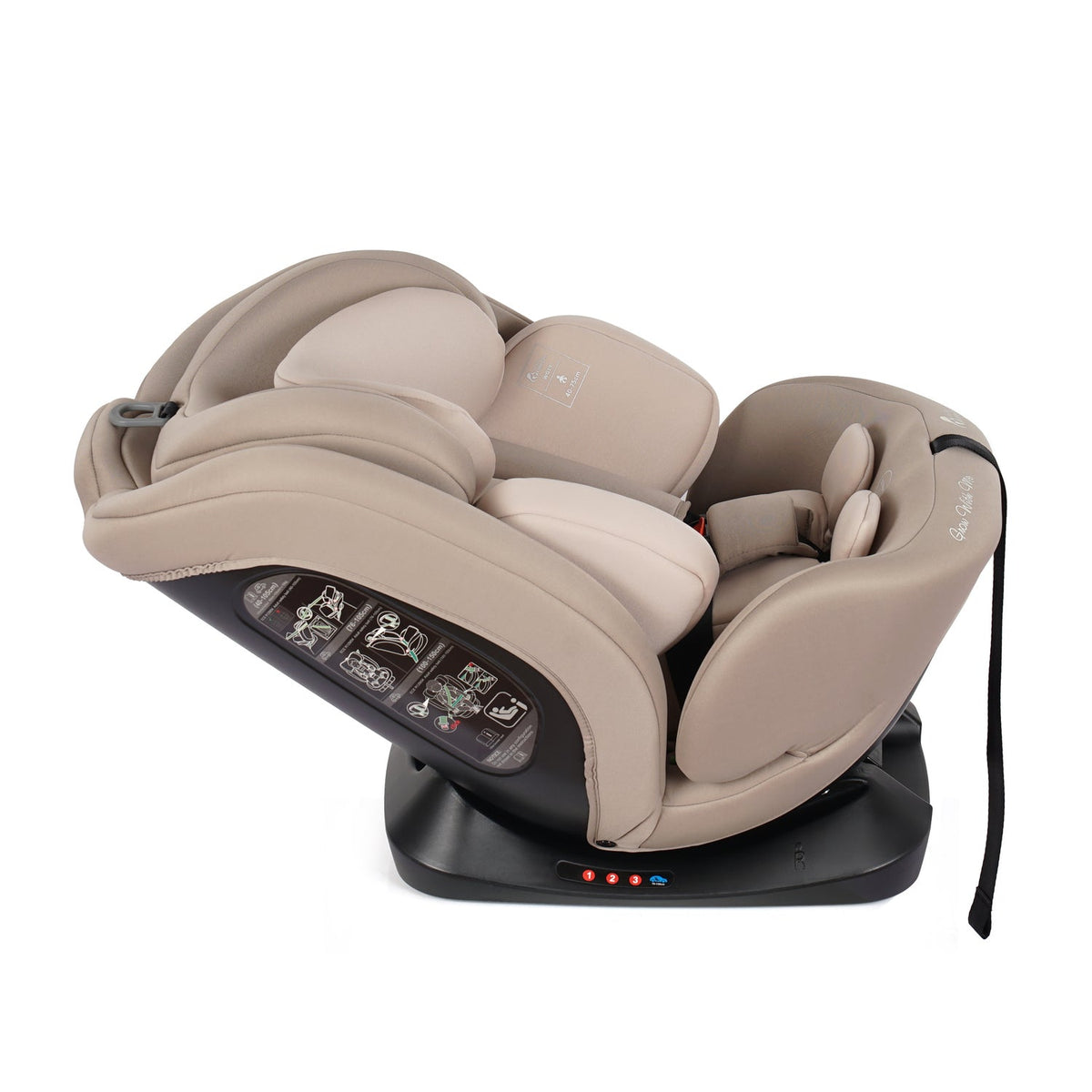 Latte beige car seat with headrest cushions and harness, side angle view, black base