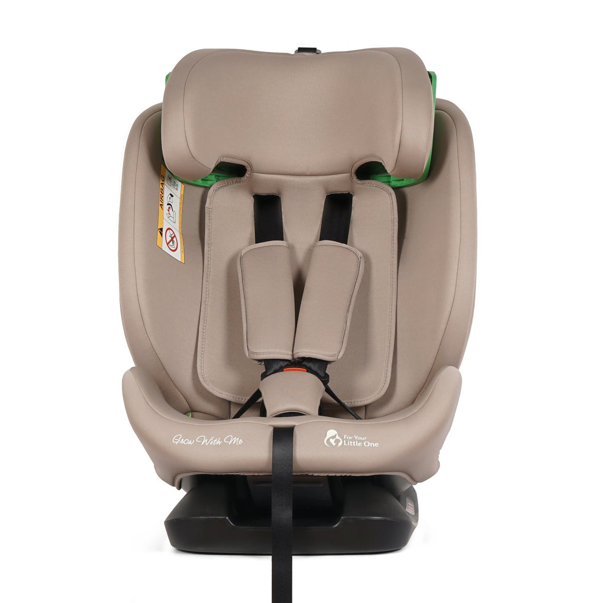 Latte beige rear view of car seat with adjustable headrest and harness, black base