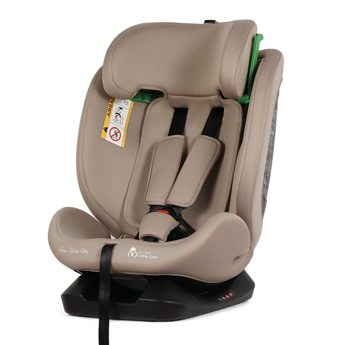 Latte beige car seat rear side view with shoulder straps and harness pads, black base