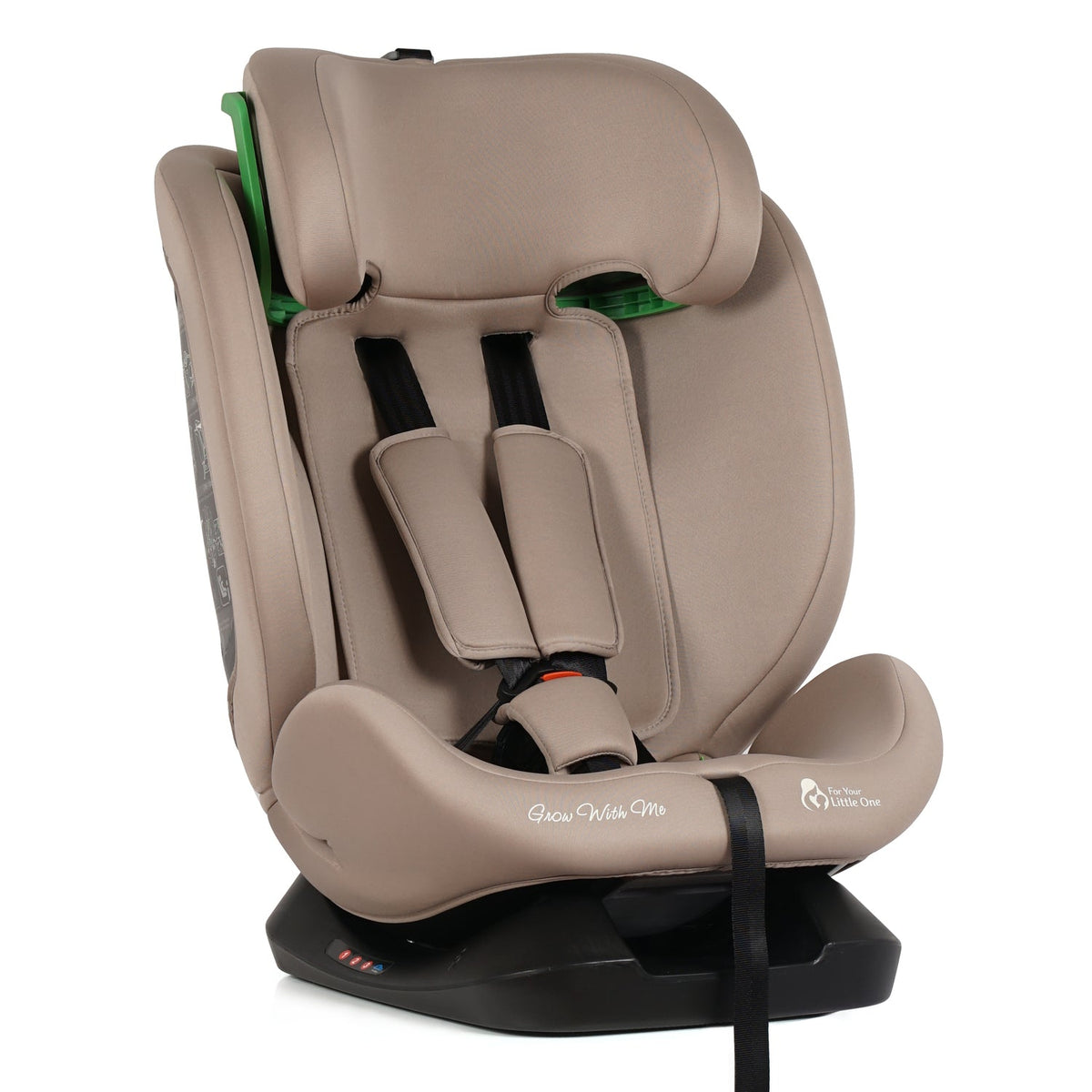 Latte beige car seat angled rear view with harness system and head support, black base