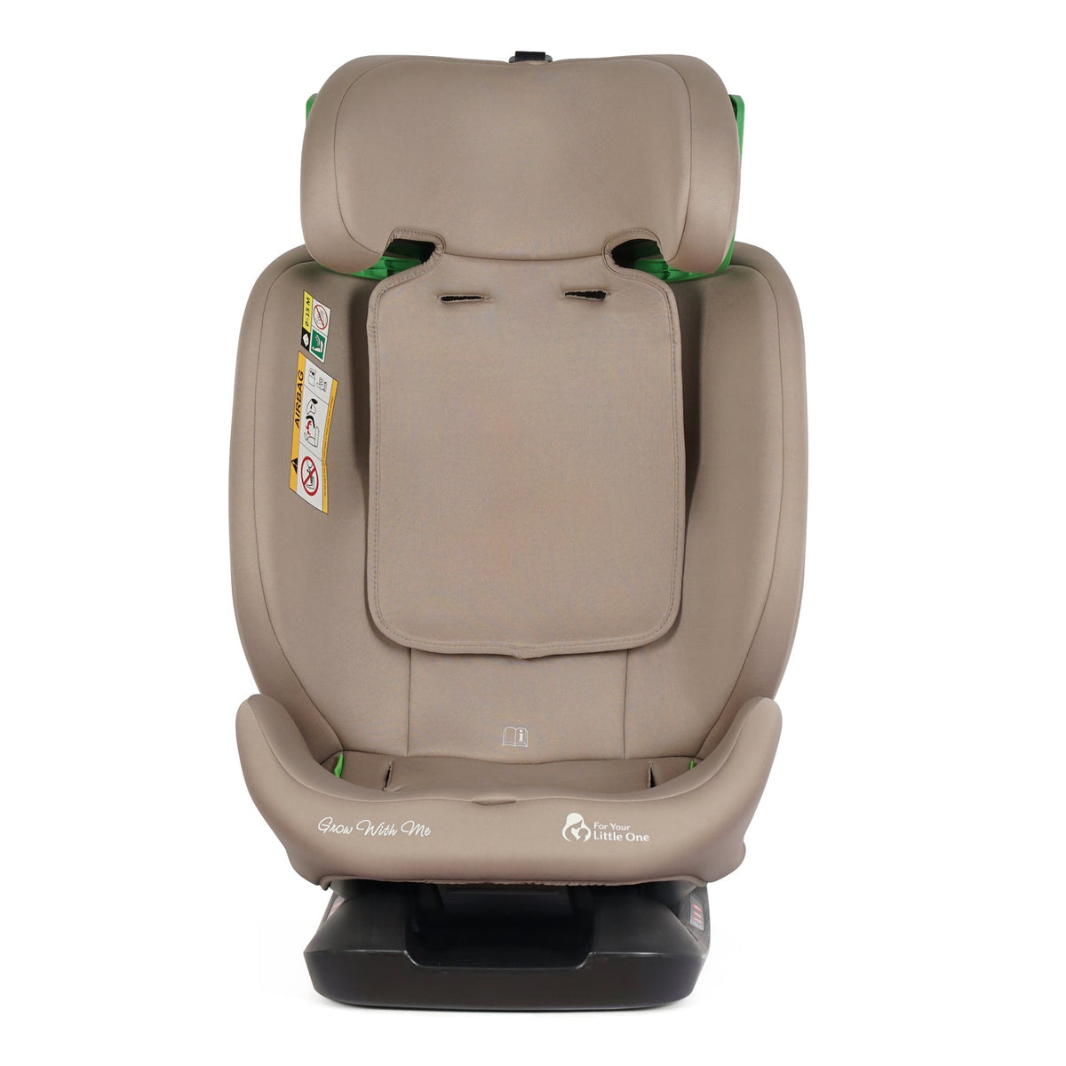 Latte beige car seat rear view with removable inner cushion and harness pads, black base