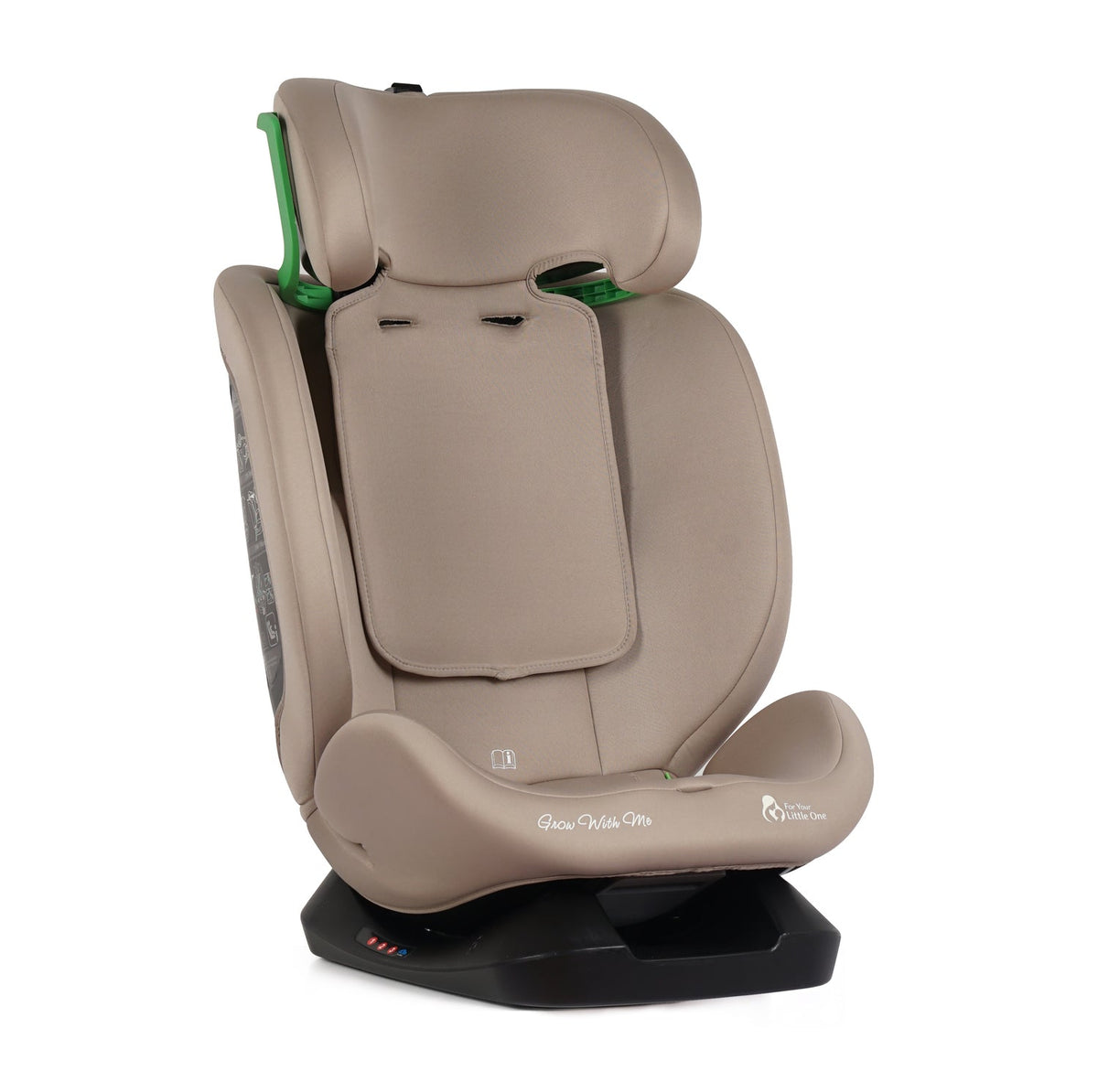 Latte beige car seat rear side view with inner cushion in place and padded harness, black base