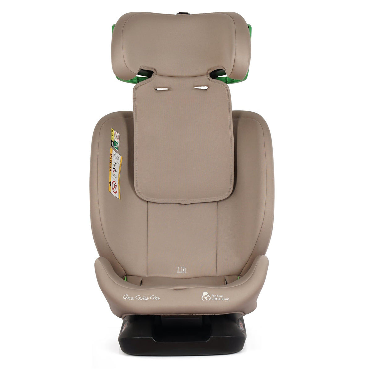 Latte beige car seat with padded headrest and harness, rear-facing/forward-facing i-Size design