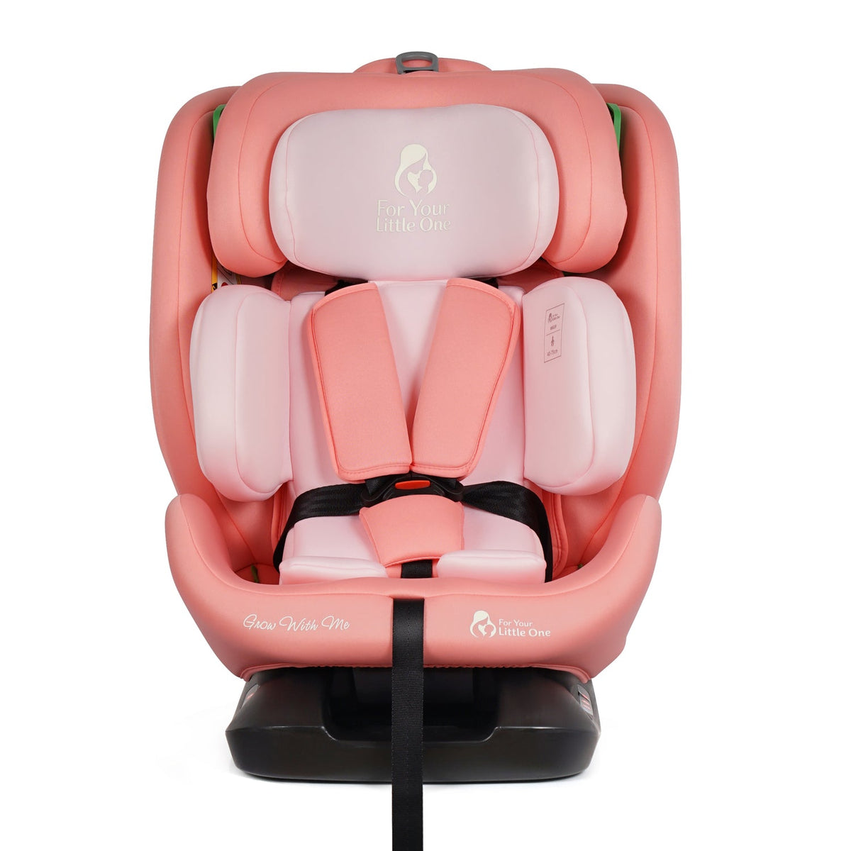 Blush rose i-Size car seat rear view with harness straps and padded inserts